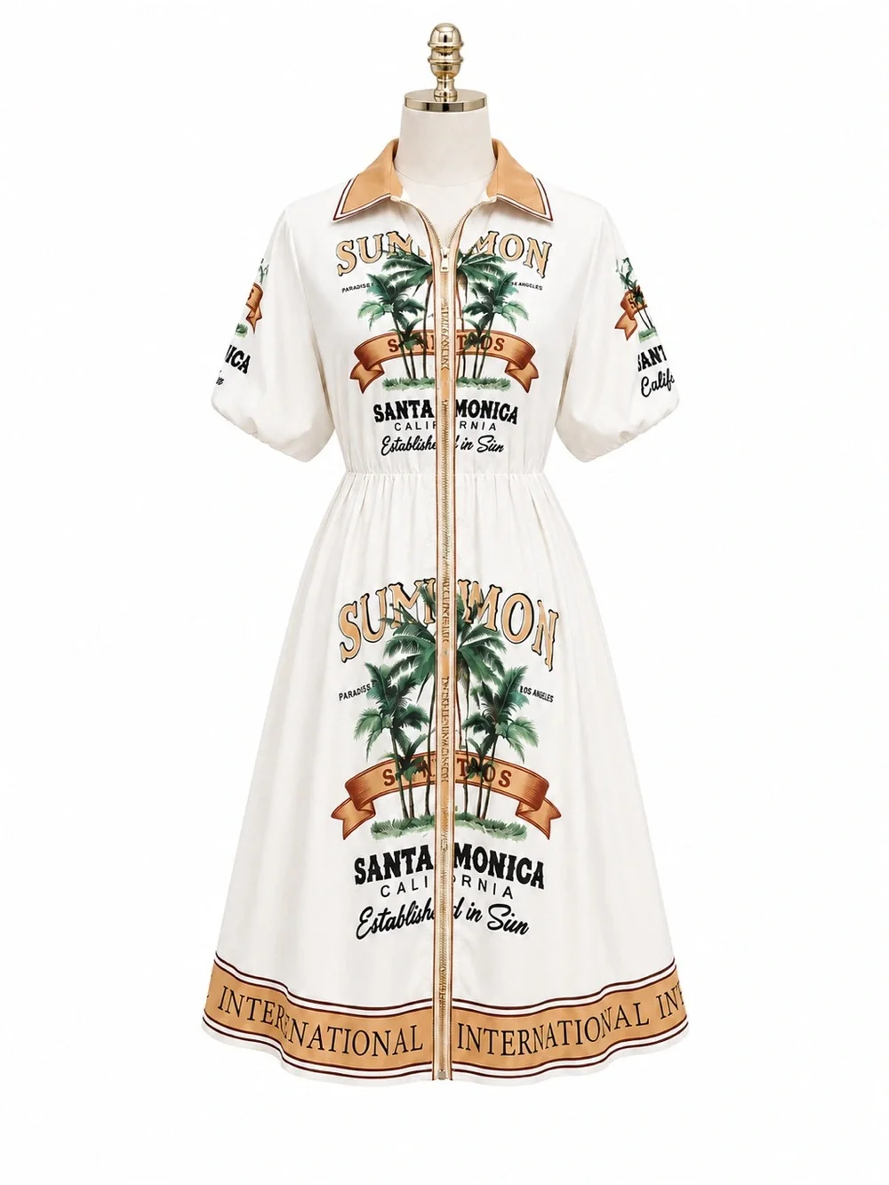 Women's Cream Graphic Zip-Front Dress with Palm Print